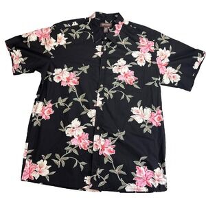 Cooke Street Mens XL Hawaiian Floral Print Short Sleeve Button Up Black Hibiscus